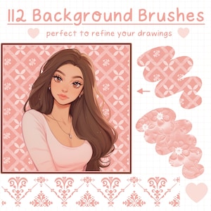 Könnte beinhalten: 112 Hintergrundpinsel, perfekt zum Verfeinern deiner Zeichnungen. Eine digitale Illustration einer Frau mit langen braunen Haaren, die ein rosa Oberteil vor einem rosa und weißen geometrischen Hintergrund trägt. Das Bild enthält mehrere Beispiele für die Pinsel, darunter ein Blumenmuster und ein geometrisches Muster.