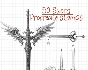 50 Sword Procreate Stamps, Procreate fantasy stamps, procreate swords brush set