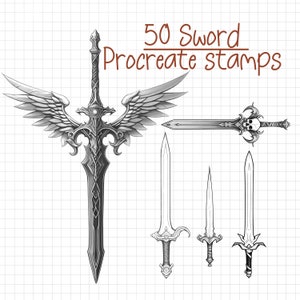May include: A set of 50 sword Procreate stamps, featuring a variety of styles, including a sword with wings, a skull-topped sword, and several simple swords.