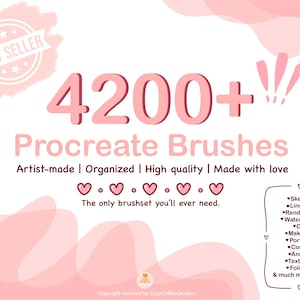 May include: Pink and white graphic with the text "4200+ Procreate Brushes" and the text "Artist-made | Organized | High quality | Made with love" and "The only brushset you'll ever need."