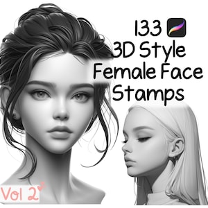 May include: A digital illustration of two female faces in a 3D style. The image is titled "133 3D Style Female Face Stamps Vol 2".