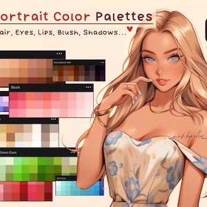 Puede incluir: Ilustración digital de una mujer con cabello rubio y ojos azules, junto con paletas de colores para piel, cabello, ojos, labios y rubor. La imagen incluye el texto "30 Portrait Color Palettes" y "Only for Procreate."