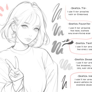 Puede incluir: Un dibujo a l&iacute;nea de una mujer con el pelo corto, que lleva una camisa sencilla y hace un signo de paz. La imagen incluye texto que describe diferentes tipos de pinceles y sus usos para dibujar el cabello, los ojos, las sombras y los detalles.
