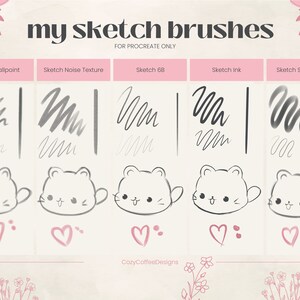 Puede incluir: Una ilustraci&oacute;n digital que muestra cinco estilos de pincel Procreate diferentes para dibujar. Los estilos de pincel est&aacute;n etiquetados como "Sketch Ballpoint", "Sketch Noise Texture", "Sketch 6B", "Sketch Ink" y "Sketch Shadows". Cada estilo de pincel se demuestra con una serie de l&iacute;neas y una ilustraci&oacute;n de un gato de dibujos animados.