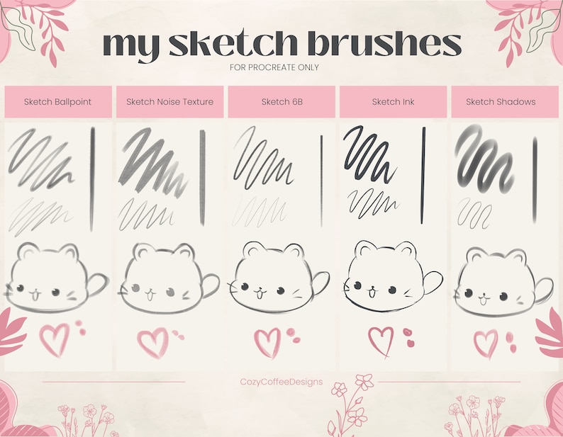 Puede incluir: Una ilustraci&oacute;n digital que muestra cinco estilos de pincel Procreate diferentes para dibujar. Los estilos de pincel est&aacute;n etiquetados como "Sketch Ballpoint", "Sketch Noise Texture", "Sketch 6B", "Sketch Ink" y "Sketch Shadows". Cada estilo de pincel se demuestra con una serie de l&iacute;neas y una ilustraci&oacute;n de un gato de dibujos animados.