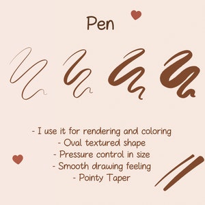 May include: Illustration of a brown pen with a pointy tip. The pen is used for rendering and colouring. It has an oval textured shape and pressure control in size. The pen provides a smooth drawing feeling.