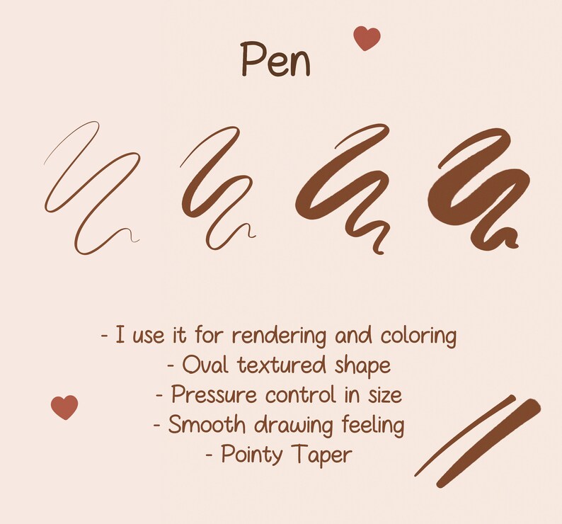 May include: Illustration of a brown pen with a pointy tip. The pen is used for rendering and colouring. It has an oval textured shape and pressure control in size. The pen provides a smooth drawing feeling.