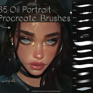 Puede incluir: Una ilustración digital de la cara de una mujer con cabello negro largo. La imagen se utiliza para anunciar un conjunto de 35 pinceles de retrato al óleo Procreate. El texto "35 Oil Portrait Procreate Brushes" se muestra en la parte superior de la imagen. El texto "art.by.ellie" se muestra en la parte inferior izquierda de la imagen. El texto "Copyright reserved by CozyCoffeeDesigns" se muestra en la parte inferior de la imagen.