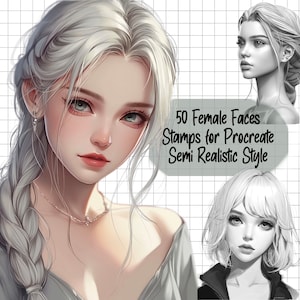 Könnte beinhalten: Ein Set mit 50 digitalen Stempeln, die weibliche Gesichter in einem semi-realistischen Stil zeigen. Die Stempel sind für die Verwendung in der Procreate-App konzipiert. "50 Female Faces Stamps for Procreate Semi Realistic Style" ist in weißer Schrift auf schwarzem Hintergrund geschrieben.