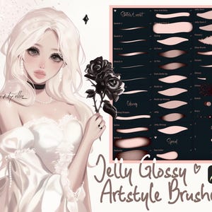 May include: A digital illustration of a woman with long white hair wearing a white dress and holding a black rose. The image is accompanied by a chart of digital art brushes labeled "Jelly Glossy Artstyle Brushes" with a Procreate logo.