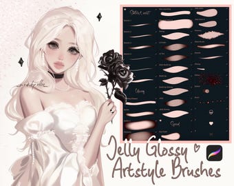 May include: A digital art brush set for Procreate featuring a menu of various stroke textures and shapes. The display shows a character with long blonde hair holding a black rose, alongside a dark panel listing brush names like Sketch, Colouring, and Special, with the text Jelly Glossy Artstyle Brushes at the bottom.