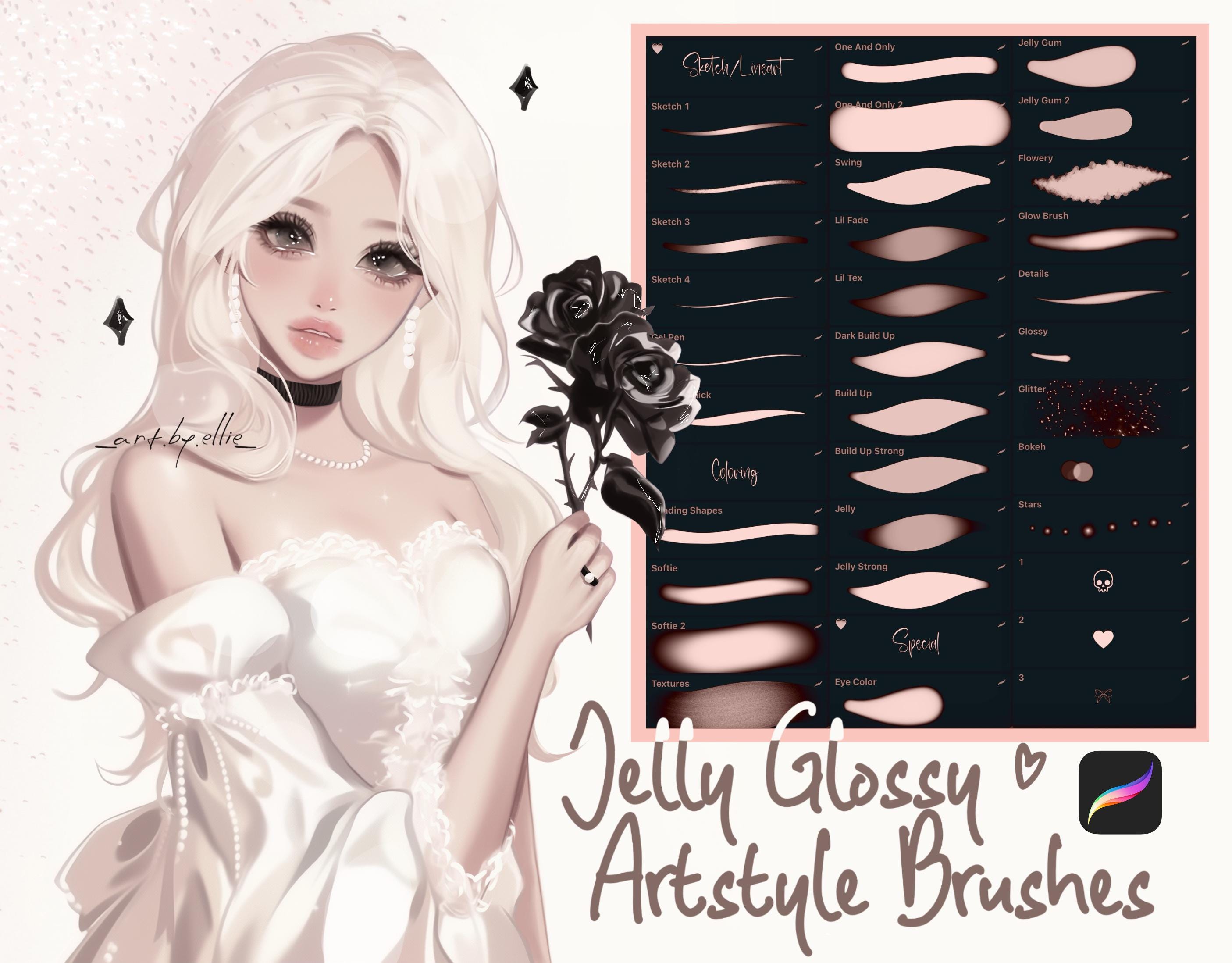 30 pinceles Procreate Jelly Artstyle y 22 sellos – Brushset para coloreado y render brillante