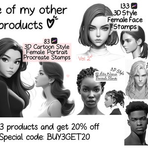 Puede incluir: Un collage de im&aacute;genes en blanco y negro que muestran diferentes sellos de arte digital para la aplicaci&oacute;n Procreate. Los sellos presentan varios estilos de caras, incluyendo dibujos animados, 3D y realistas. El texto "Some of my other products" y "Buy 3 products and get 20% off Special code: BUY3GET20" tambi&eacute;n est&aacute; incluido en la imagen.