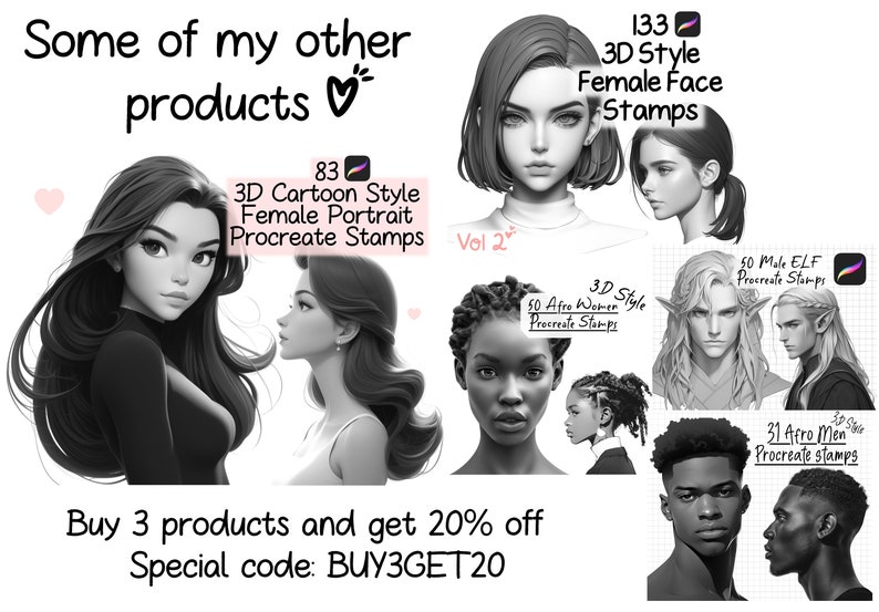 Puede incluir: Un collage de im&aacute;genes en blanco y negro que muestran diferentes sellos de arte digital para la aplicaci&oacute;n Procreate. Los sellos presentan varios estilos de caras, incluyendo dibujos animados, 3D y realistas. El texto "Some of my other products" y "Buy 3 products and get 20% off Special code: BUY3GET20" tambi&eacute;n est&aacute; incluido en la imagen.