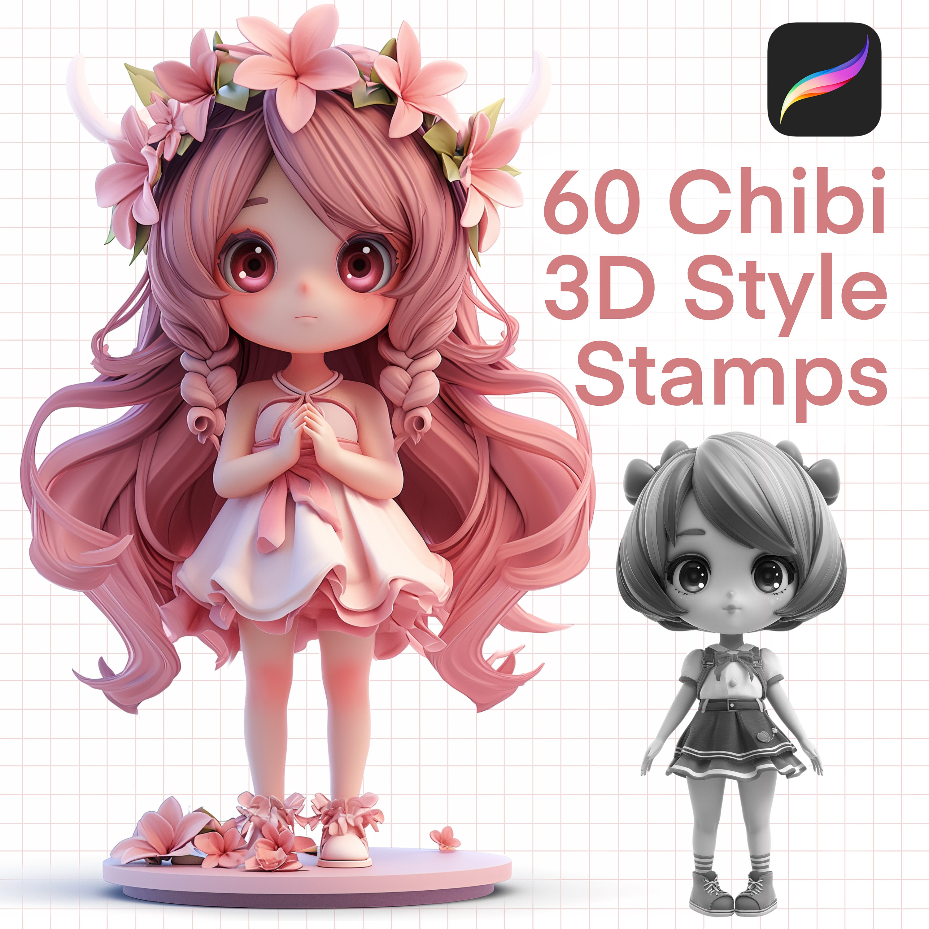 60 sellos Chibi para Procreate – Poses chibi femeninas lindas, brushset instantáneo