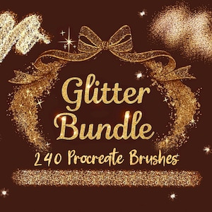 Könnte beinhalten: Ein Goldglitter-Paket mit 240 Procreate-Pinseln. Das Bild zeigt eine Schleife aus Goldglitter, einen Goldglitter-Wirbel und eine Goldglitter-Wolke.