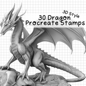 Könnte beinhalten: Ein grauer Drache im 3D-Stil mit ausgebreiteten Flügeln, der auf einem Felsen steht. Der Text "30 Dragon Procreate Stamps" befindet sich über dem Drachen.