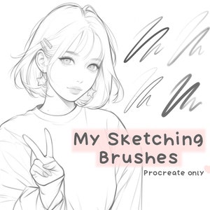 Könnte beinhalten: Eine Schwarzweiß-Zeichnung einer Frau mit kurzen Haaren, die ein einfaches Hemd trägt und ein Peace-Zeichen macht. Der Text "My Sketching Brushes" ist in Pink unter der Frau geschrieben, mit den Worten "Procreate only" in kleinerer Schrift darunter.