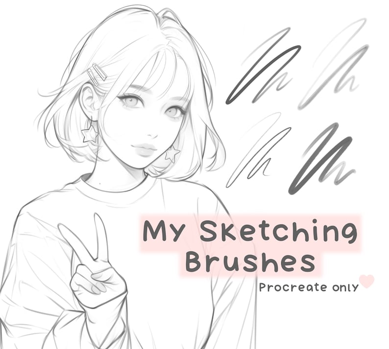 Puede incluir: Un dibujo en blanco y negro de una mujer con el pelo corto, vistiendo una camisa sencilla y haciendo el signo de la paz. El texto "My Sketching Brushes" est&aacute; escrito en rosa debajo de la mujer, con las palabras "Procreate only" en texto m&aacute;s peque&ntilde;o debajo.