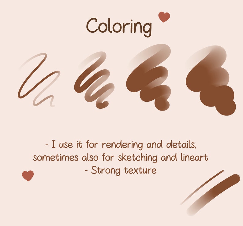 May include: A digital illustration showing how to use a digital brush for colouring, rendering, and details. The text says "Coloring" and "I use it for rendering and details, sometimes also for sketching and lineart - Strong texture".