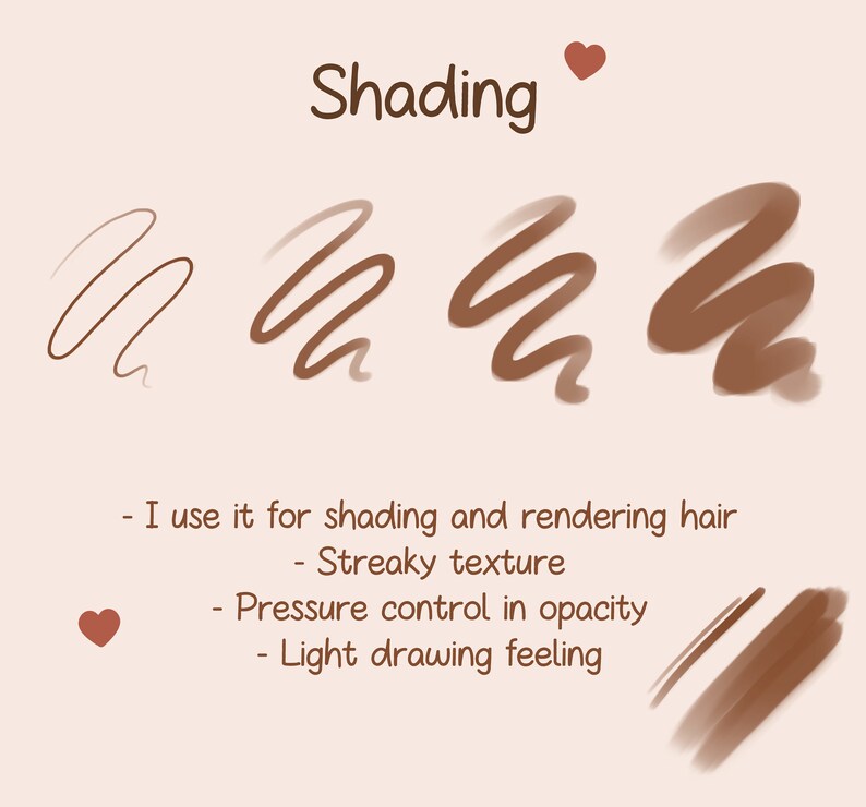 May include: Shading tutorial with a heart icon.  The tutorial shows how to shade with a digital brush.  The text says "Shading" and "I use it for shading and rendering hair - Streaky texture - Pressure control in opacity - Light drawing feeling".