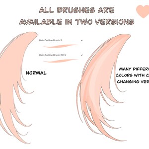 K&ouml;nnte beinhalten: Zwei Versionen eines Haar-Konturpinsels, eine mit normaler Farbe und eine mit einer Farbwechselversion. Der Pinsel wird auf einem wei&szlig;en Hintergrund mit dem Text "ALL BRUSHES ARE AVAILABLE IN TWO VERSIONS" und "Hair Outline Brush 5" und "Hair Outline Brush CC 5" und "NORMAL" und "MANY DIFFERENT COLORS WITH COLOR CHANGING VERSION" gezeigt.