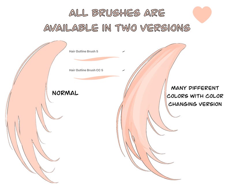 K&ouml;nnte beinhalten: Zwei Versionen eines Haar-Konturpinsels, eine mit normaler Farbe und eine mit einer Farbwechselversion. Der Pinsel wird auf einem wei&szlig;en Hintergrund mit dem Text "ALL BRUSHES ARE AVAILABLE IN TWO VERSIONS" und "Hair Outline Brush 5" und "Hair Outline Brush CC 5" und "NORMAL" und "MANY DIFFERENT COLORS WITH COLOR CHANGING VERSION" gezeigt.
