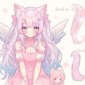 K&ouml;nnte beinhalten: Eine digitale Illustration eines Anime-Charakters mit rosa Haaren, Katzenohren und Engelsfl&uuml;geln. Der Charakter tr&auml;gt ein rosa Kleid und hat eine rosa-wei&szlig;e Schleife im Haar. Das Bild enth&auml;lt Text, der "Brush no. 30" und "Brush no. 6" lautet.