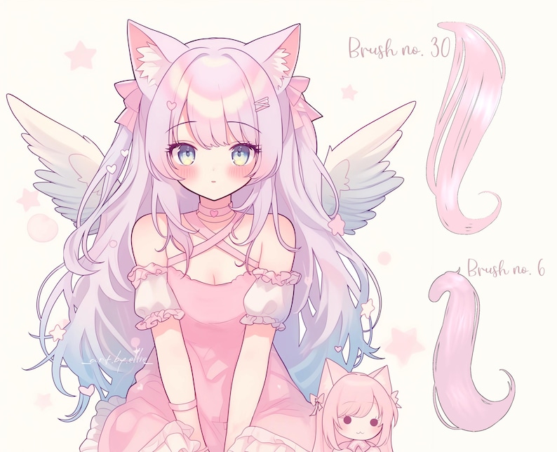 K&ouml;nnte beinhalten: Eine digitale Illustration eines Anime-Charakters mit rosa Haaren, Katzenohren und Engelsfl&uuml;geln. Der Charakter tr&auml;gt ein rosa Kleid und hat eine rosa-wei&szlig;e Schleife im Haar. Das Bild enth&auml;lt Text, der "Brush no. 30" und "Brush no. 6" lautet.