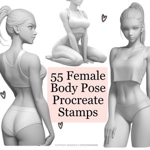 Op de afbeelding: 55 Vrouwelijke lichaamshoudingen Procreate Stamps. Een set digitale stempels met verschillende vrouwelijke lichaamshoudingen voor gebruik in Procreate.