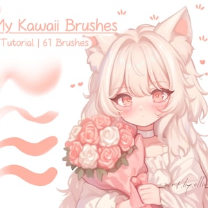 Könnte beinhalten: Eine digitale Illustration eines niedlichen Anime-Charakters mit Katzenohren, der einen Strauß rosa und weißer Rosen hält. Der Text "My Kawaii Brushes + Tutorial | 61 Brushes" befindet sich oben im Bild.