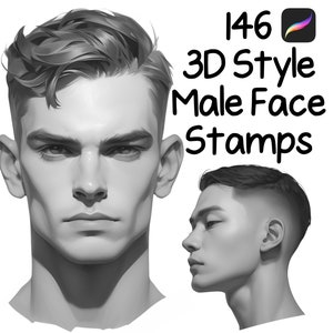 Może przedstawiać: 146 Stempli z męskimi twarzami w stylu 3D. Cyfrowa ilustracja dwóch męskich twarzy w stylu 3D. Twarze są narysowane w odcieniach szarości.