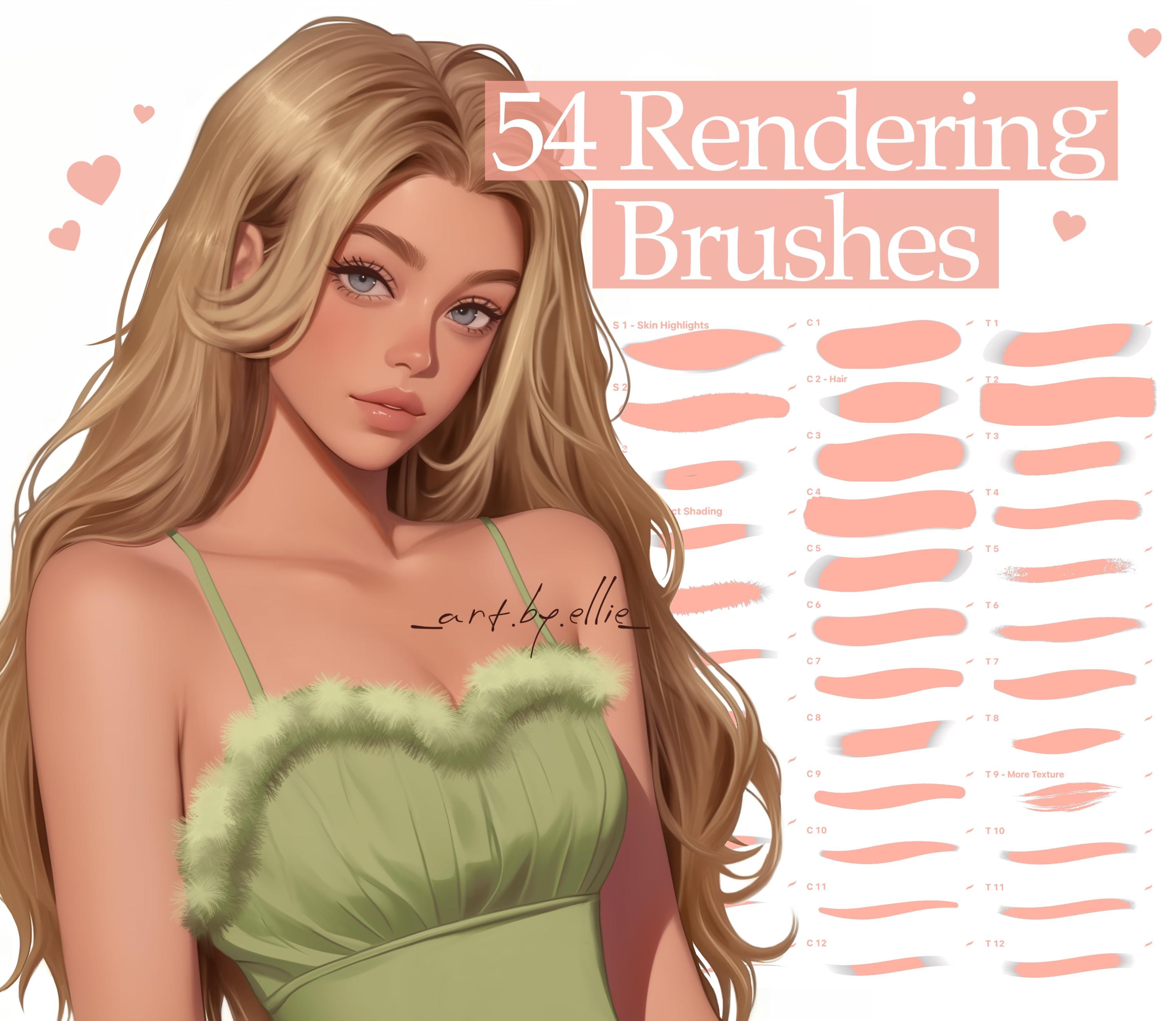 54 pinceles de render para Procreate – Lineart, boceto, sombreado y textura (brush set)
