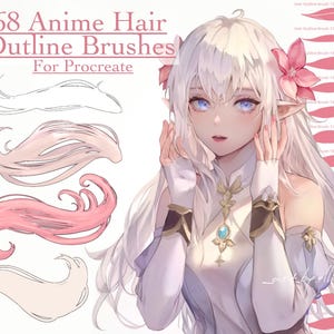 Puede incluir: 68 Pinceles de contorno de cabello de anime para Procreate. Una ilustración digital de un personaje de anime con cabello blanco y ojos azules, que lleva una flor rosa en el cabello. La imagen también muestra ejemplos de diferentes estilos de cabello que se pueden crear usando los pinceles.
