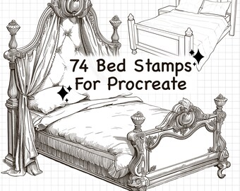 May include: A set of 74 black and white line art bed stamps for Procreate. The stamps feature a variety of bed styles, including a four-poster bed with a canopy, a simple bed frame, and a bed with a headboard and footboard.
