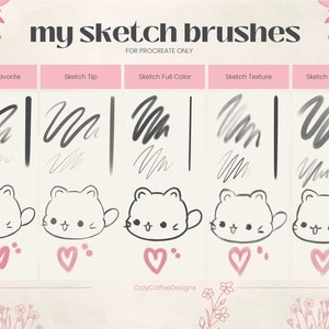 Puede incluir: Un gr&aacute;fico que muestra cinco pinceles de boceto diferentes para la aplicaci&oacute;n Procreate. Los pinceles est&aacute;n etiquetados como "Sketch Favorite", "Sketch Tip", "Sketch Full Color", "Sketch Texture" y "Sketch Stream". Cada pincel se muestra con un trazo de muestra.