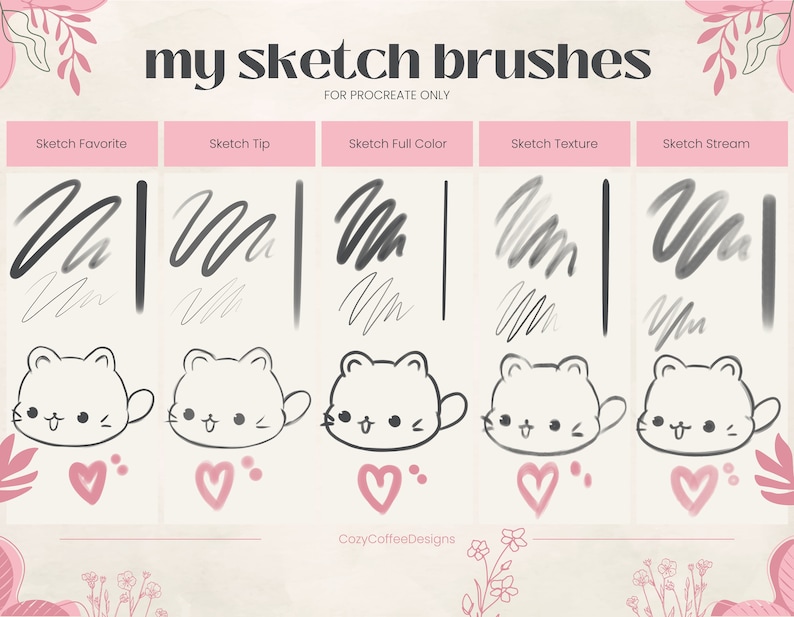 Puede incluir: Un gr&aacute;fico que muestra cinco pinceles de boceto diferentes para la aplicaci&oacute;n Procreate. Los pinceles est&aacute;n etiquetados como "Sketch Favorite", "Sketch Tip", "Sketch Full Color", "Sketch Texture" y "Sketch Stream". Cada pincel se muestra con un trazo de muestra.