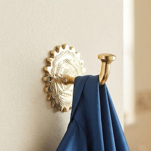 Unlacquered Brass Wall Hook, Engraved Robe Hook, Handcrafted Moroccan Towel Hanger, Vintage Brass Coat Peg, Wall Mounted Brass Hardware