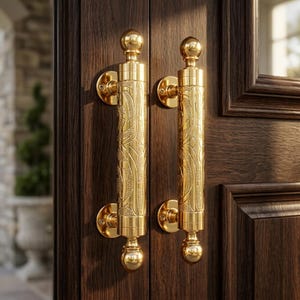 May include: Two vertical brass door handles with a polished finish and intricate engraved patterns. Each handle features spherical finials at the top and bottom, secured to a dark brown wooden door by circular mounting plates with visible screws.
