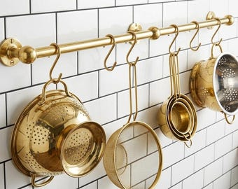 Brass Pot Rail with S Hooks – Wall Mounted Kitchen Utensil Bar, Solid Brass Hanging Pot Rack, Antique Brass Kitchen Organizer, Custom Length