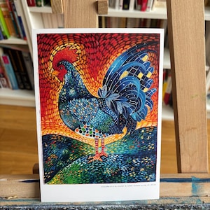 Blue rooster at sunset - Postcard, Printed Art