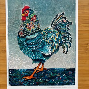 Chicken with flowers - Postcard, Printed Art