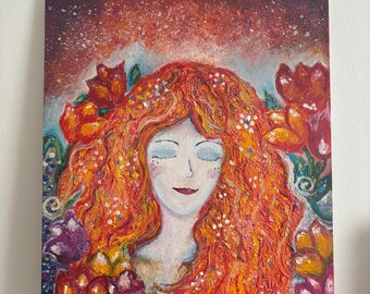 May include: An oil painting of a woman with closed eyes and long, fiery red hair. The woman is surrounded by colorful flowers, including red, yellow, and purple tulips. The background is a mix of red and white, creating a dreamy effect.
