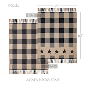 May include: A woven throw blanket measuring 50 inches by 60 inches, featuring a black and beige buffalo check pattern with fringe tassels on the ends. The design includes a row of five black stars on one side, labeled as front and back.