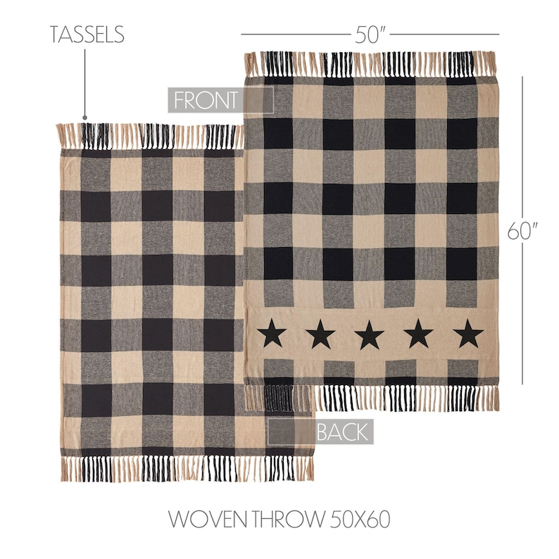 May include: A woven throw blanket measuring 50 inches by 60 inches, featuring a black and beige buffalo check pattern with fringe tassels on the ends. The design includes a row of five black stars on one side, labeled as front and back.