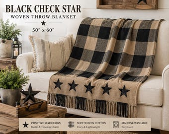 Black Check Star Woven Throw Blanket 50x60 | Farmhouse Buffalo Plaid Throw | Primitive Country Decor