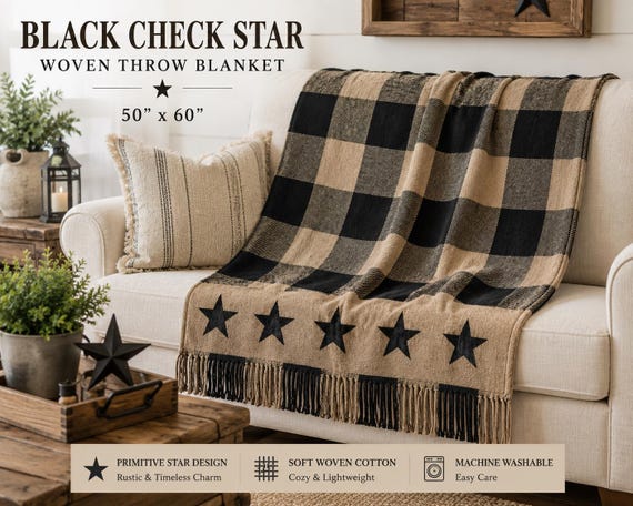 Black Check Star Woven Throw Blanket 50x60 | Farmhouse Buffalo Plaid Throw | Primitive Country Decor