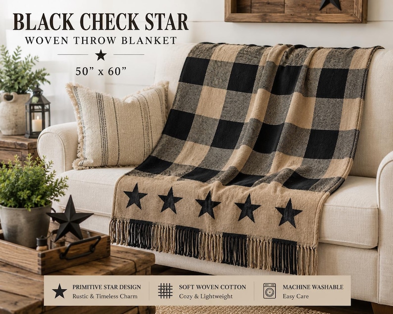 May include: A woven throw blanket featuring a black and tan buffalo check pattern with a row of five black stars along the bottom edge and fringe trim. The blanket measures 50 inches by 60 inches and is labeled as Black Check Star Woven Throw Blanket.