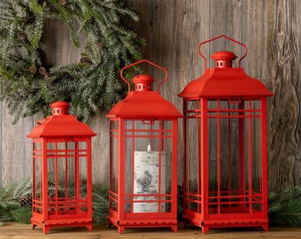 Traditional Red Metal Lantern (Set of 3)