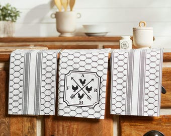 Farmhouse Chicken Tea Towel Set of 3 | Black & White Kitchen Towels | Country Farm Decor
